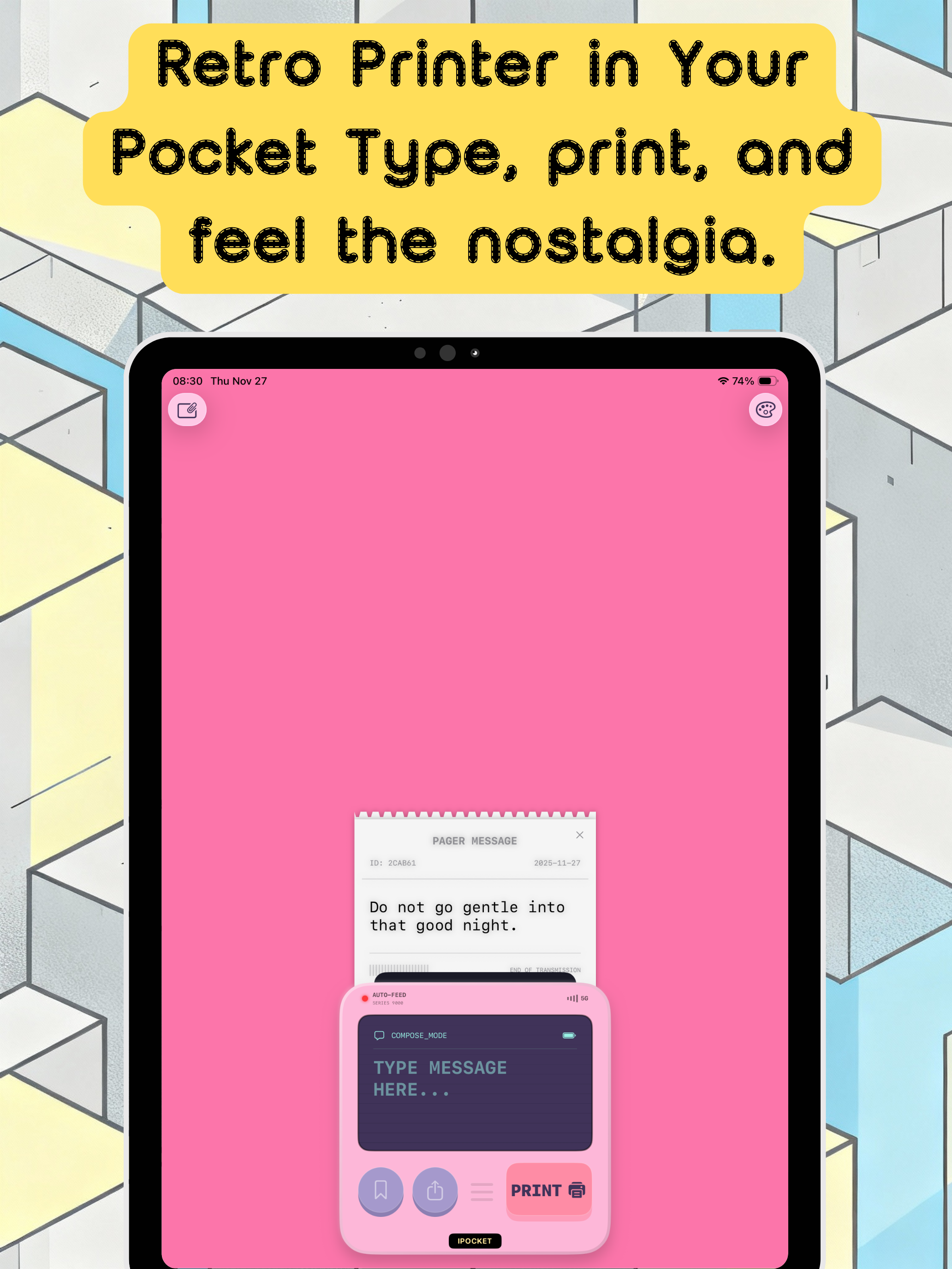 iPocketPrint iPad screenshot showing Immersive Retro Experience