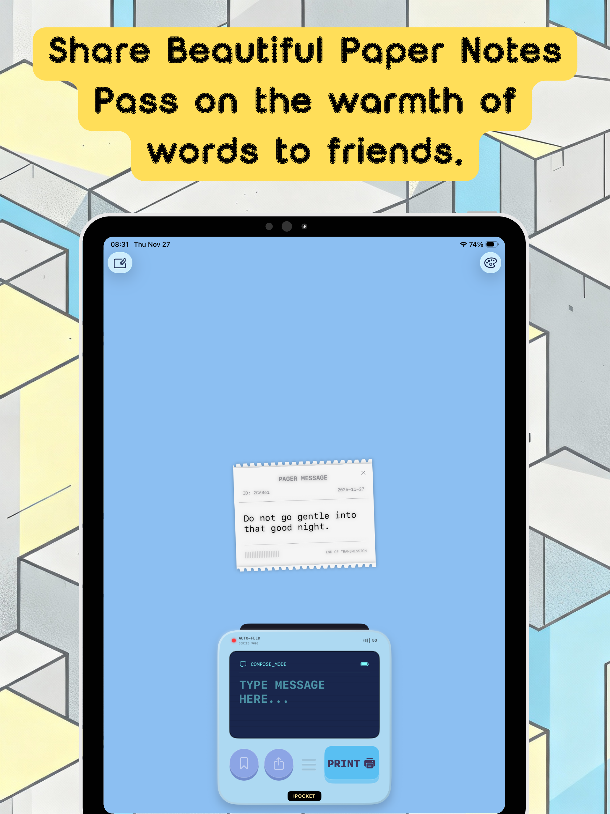 iPocketPrint iPad screenshot showing Playful Printing Interaction