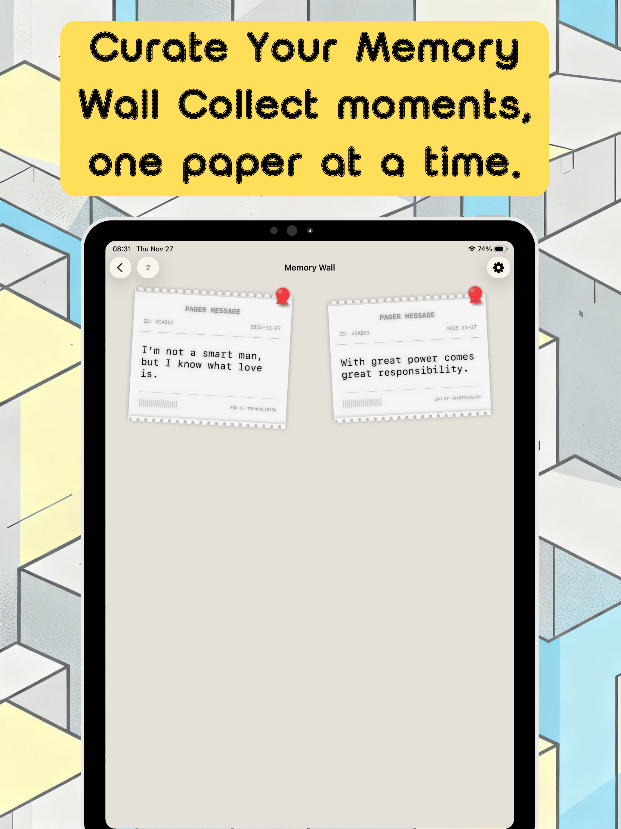 iPocketPrint iPad screenshot showing Memory Wall