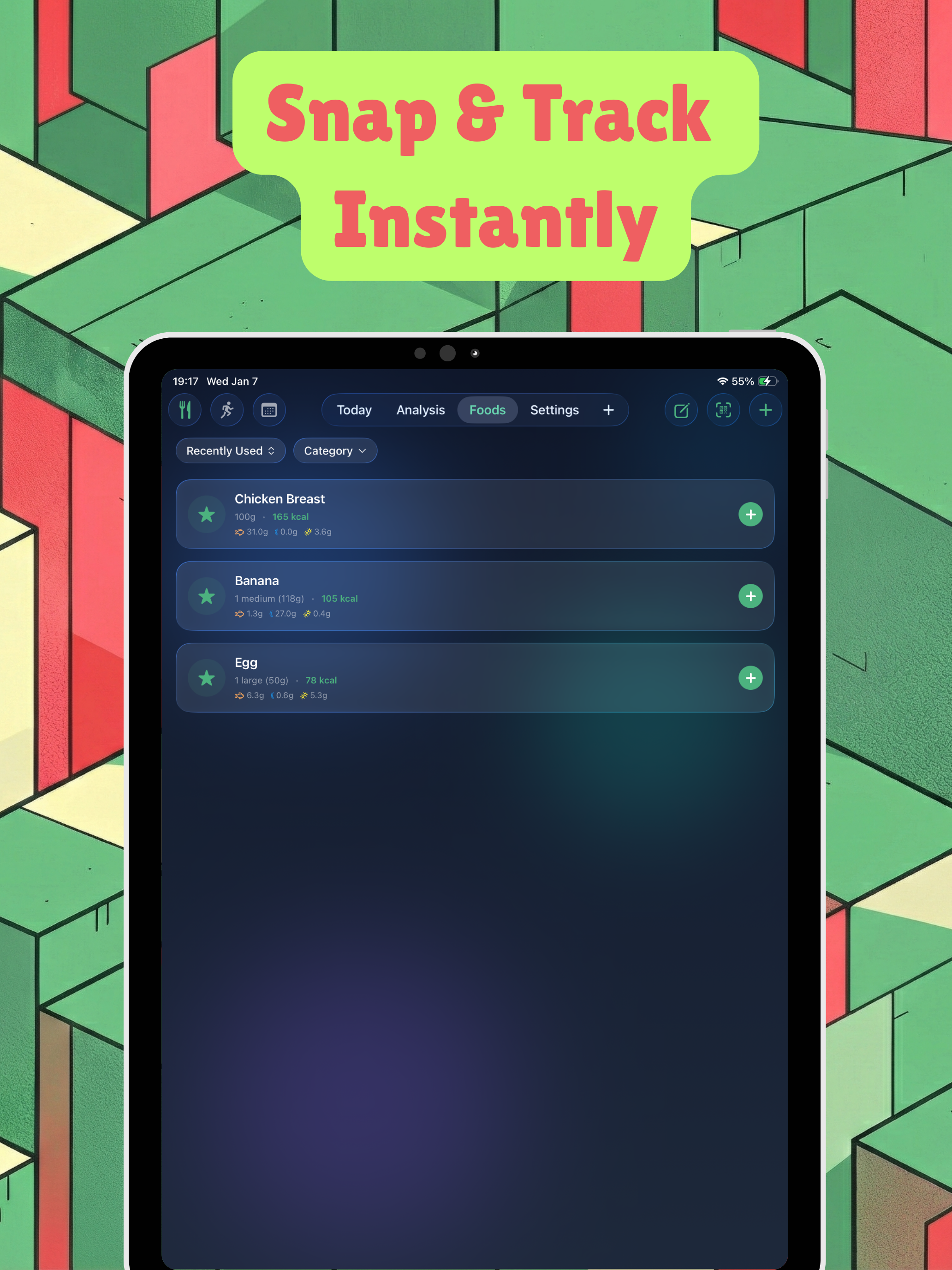 iPocket Cal iPad screenshot showing AI Nutrition Assistant