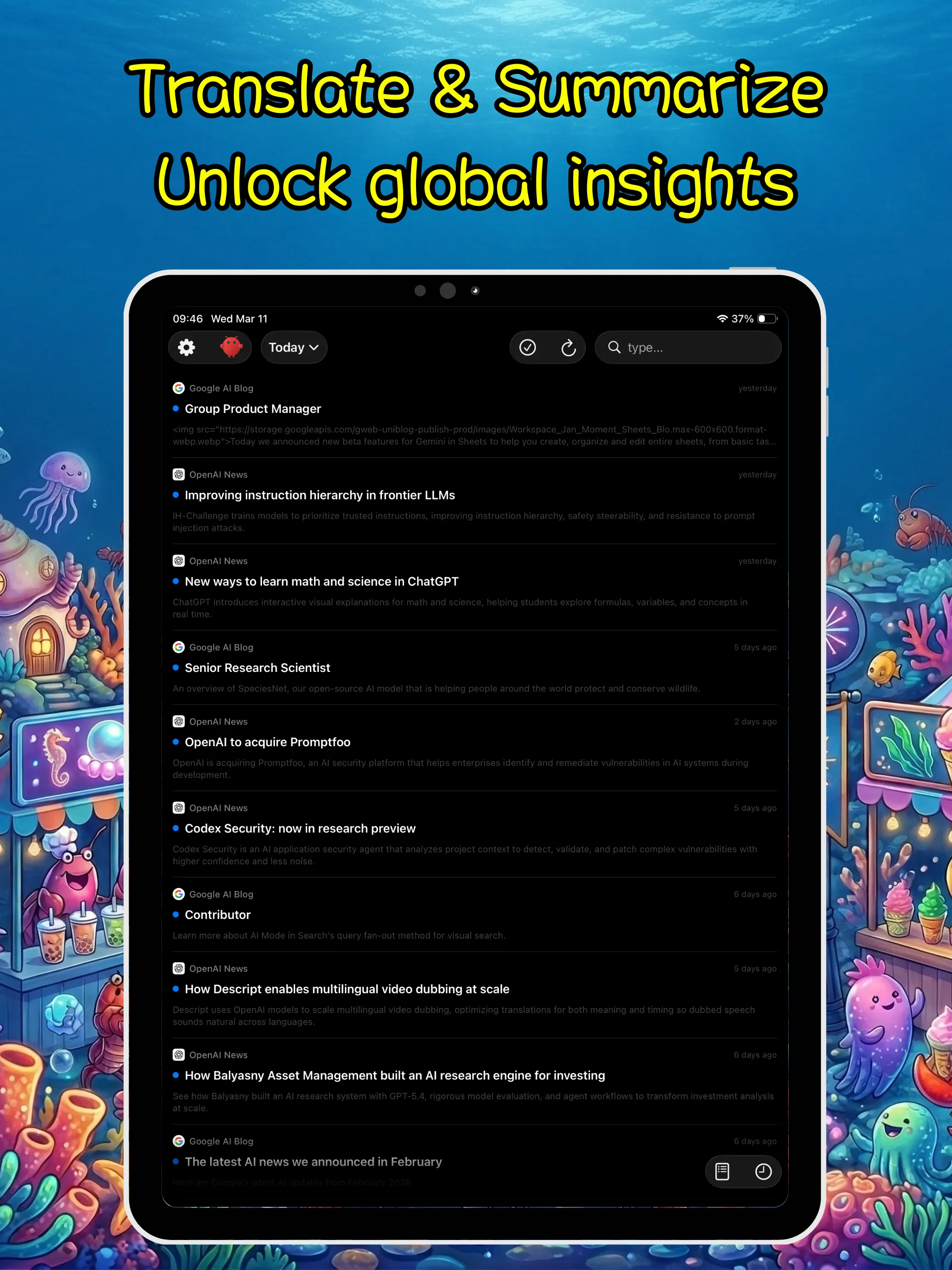 ClawRSS: OpenClaw RSS Feed Reader iPad screenshot showing AI summaries for faster reading